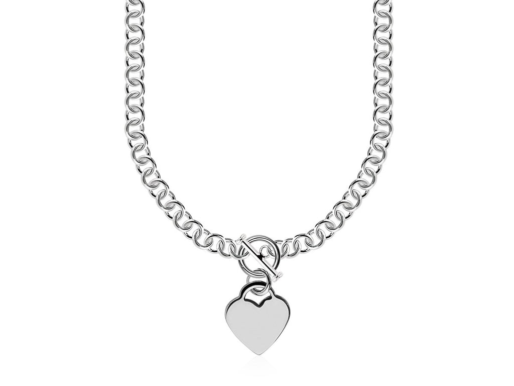 Heart Toggle Charm Rolo Chain Necklace in Rhodium Plated Sterling Silver