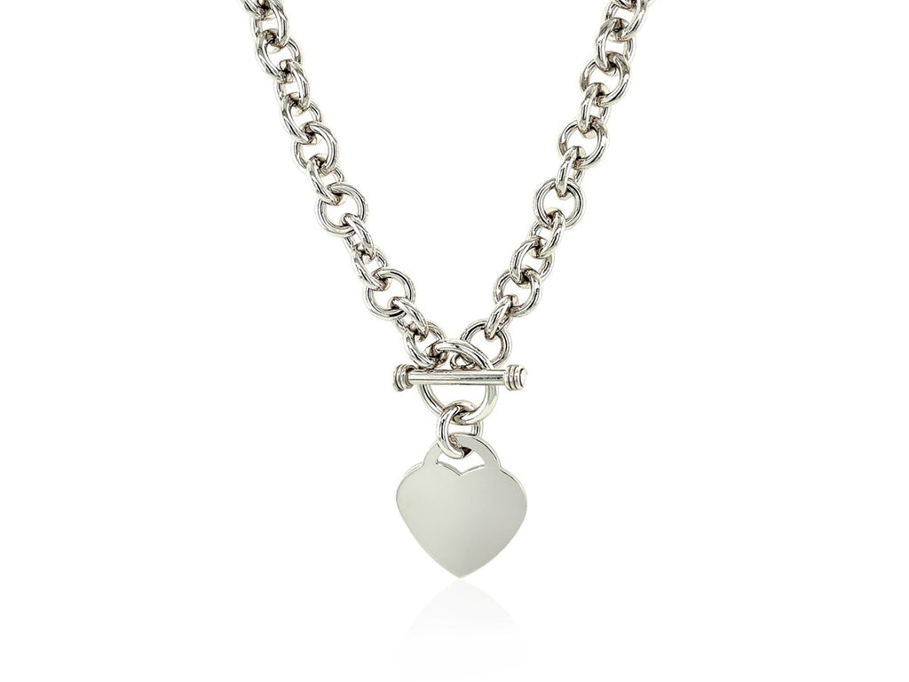 Heart Toggle Charm Rolo Chain Necklace in Rhodium Plated Sterling Silver