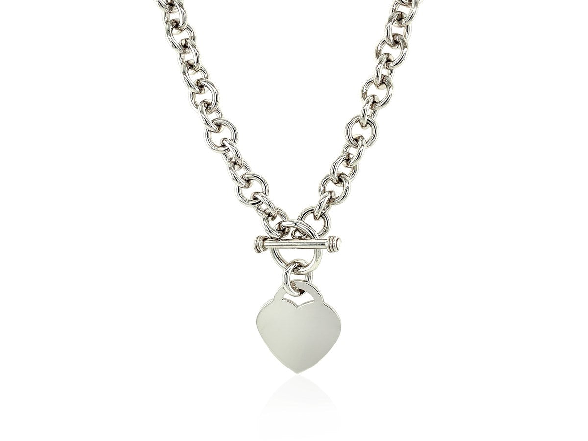 Heart Toggle Charm Rolo Chain Necklace in Rhodium Plated Sterling Silver