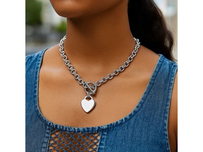 Heart Toggle Charm Rolo Chain Necklace in Rhodium Plated Sterling Silver