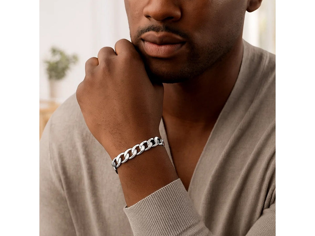 Classic Curb Chain Bracelet 8.4mm in Rhodium Sterling Silver