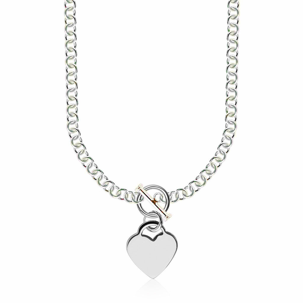 Heart Charm Toggle Rolo Chain Necklace in Rhodium Sterling Silver