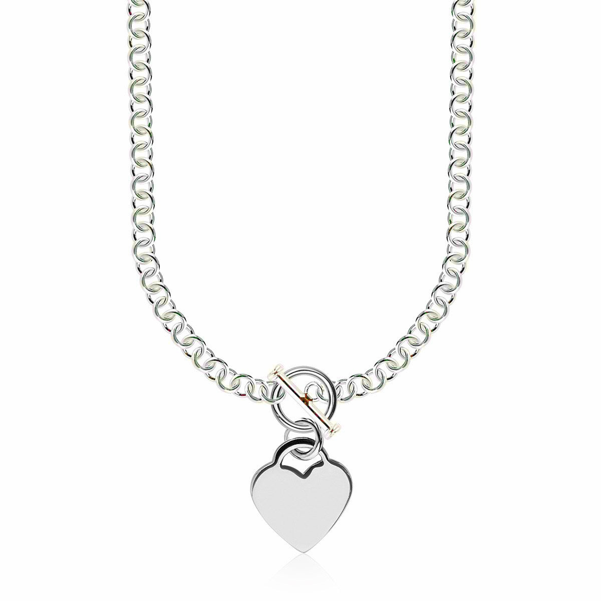 Heart Charm Toggle Rolo Chain Necklace in Rhodium Sterling Silver