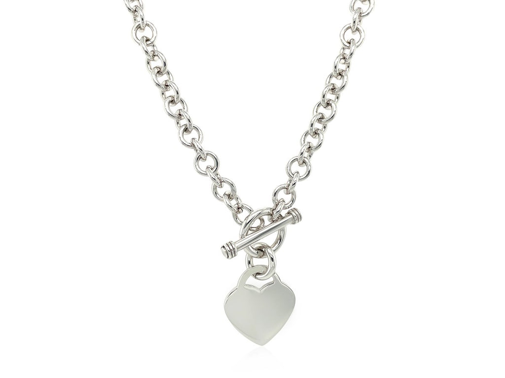 Heart Charm Toggle Rolo Chain Necklace in Rhodium Sterling Silver