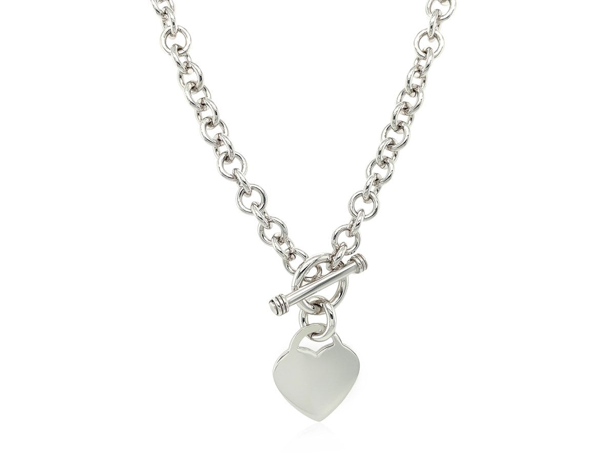 Heart Charm Toggle Rolo Chain Necklace in Rhodium Sterling Silver