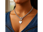 Heart Charm Toggle Rolo Chain Necklace in Rhodium Sterling Silver