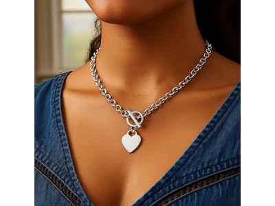 Heart Charm Toggle Rolo Chain Necklace in Rhodium Sterling Silver