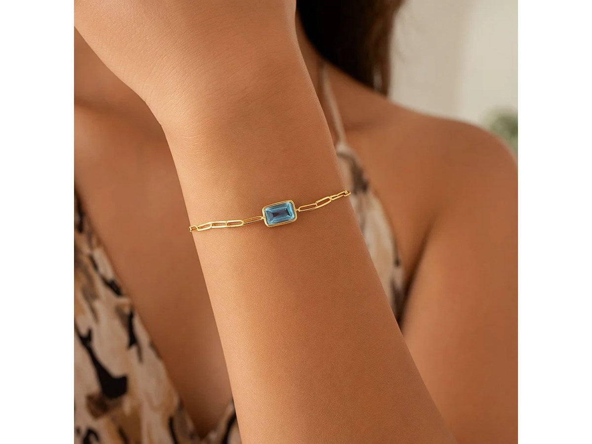 Blue Topaz Paperclip Chain Bracelet 1.5mm Minimalist Style