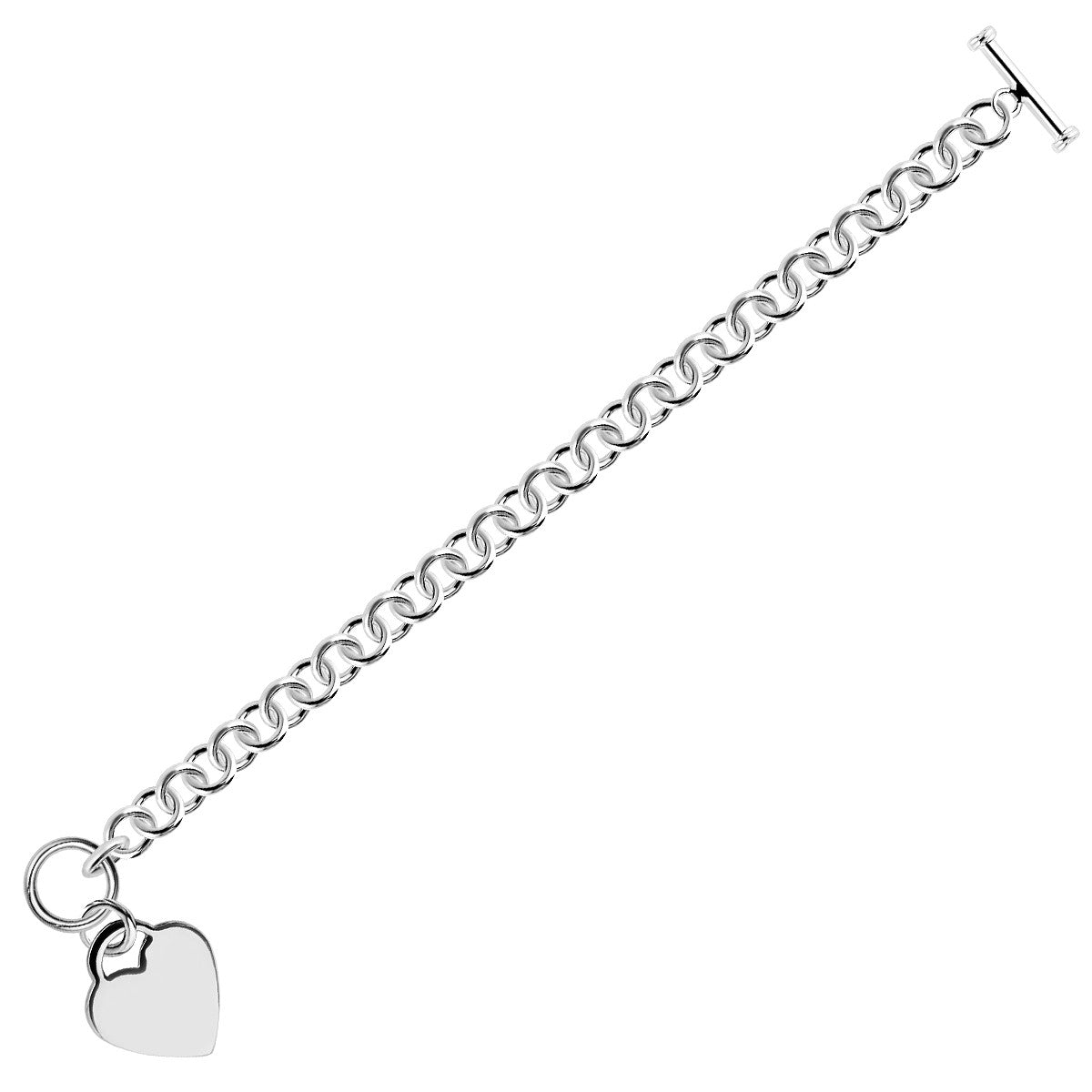 Heart Toggle Charm Rolo Chain Bracelet 7.95mm in Rhodium Sterling Silver