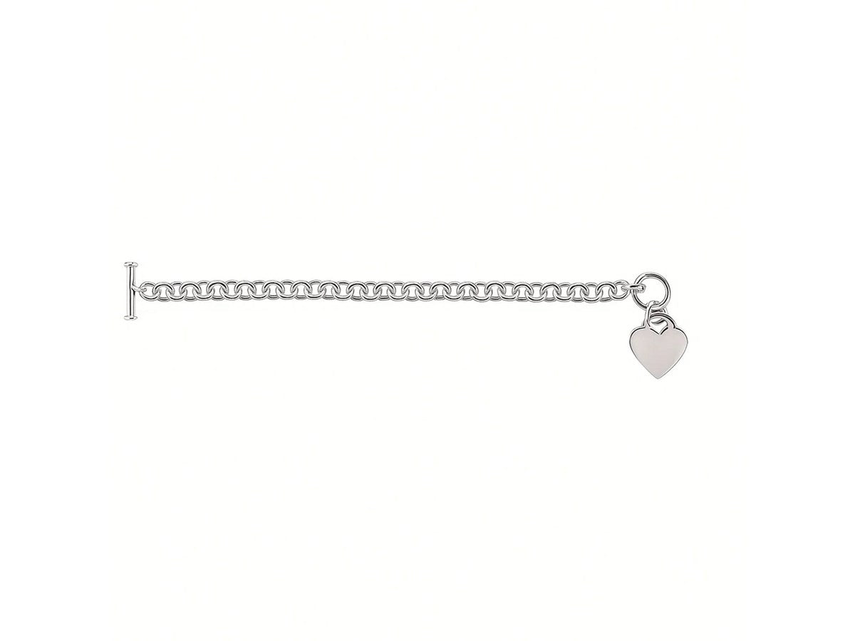 Heart Toggle Charm Rolo Chain Bracelet 7.95mm in Rhodium Sterling Silver