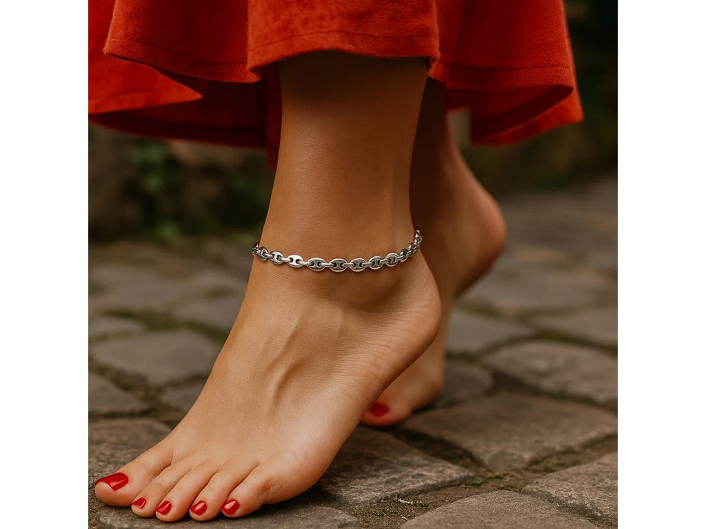 Rhodium Puffed Mariner Link Anklet