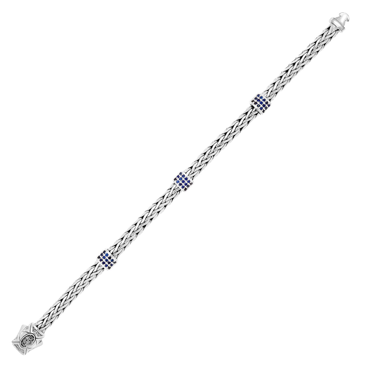 Blue Sapphire Station Weave Chain Bracelet 6.35mm in Sterling Silver