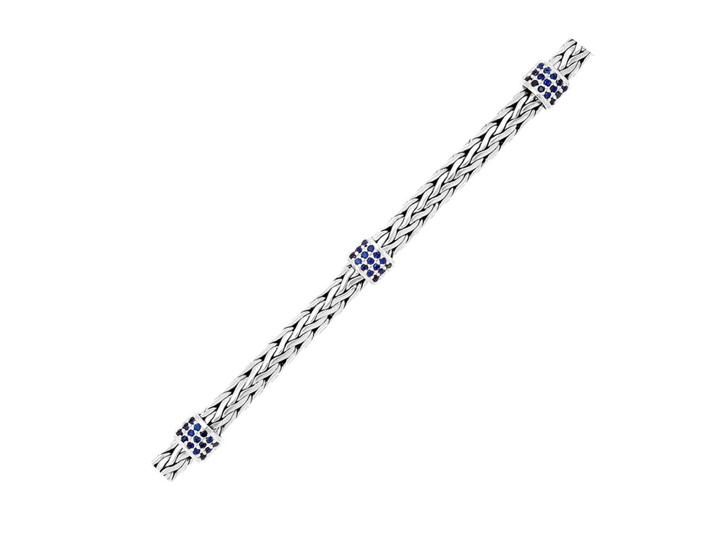 Blue Sapphire Station Weave Chain Bracelet 6.35mm in Sterling Silver