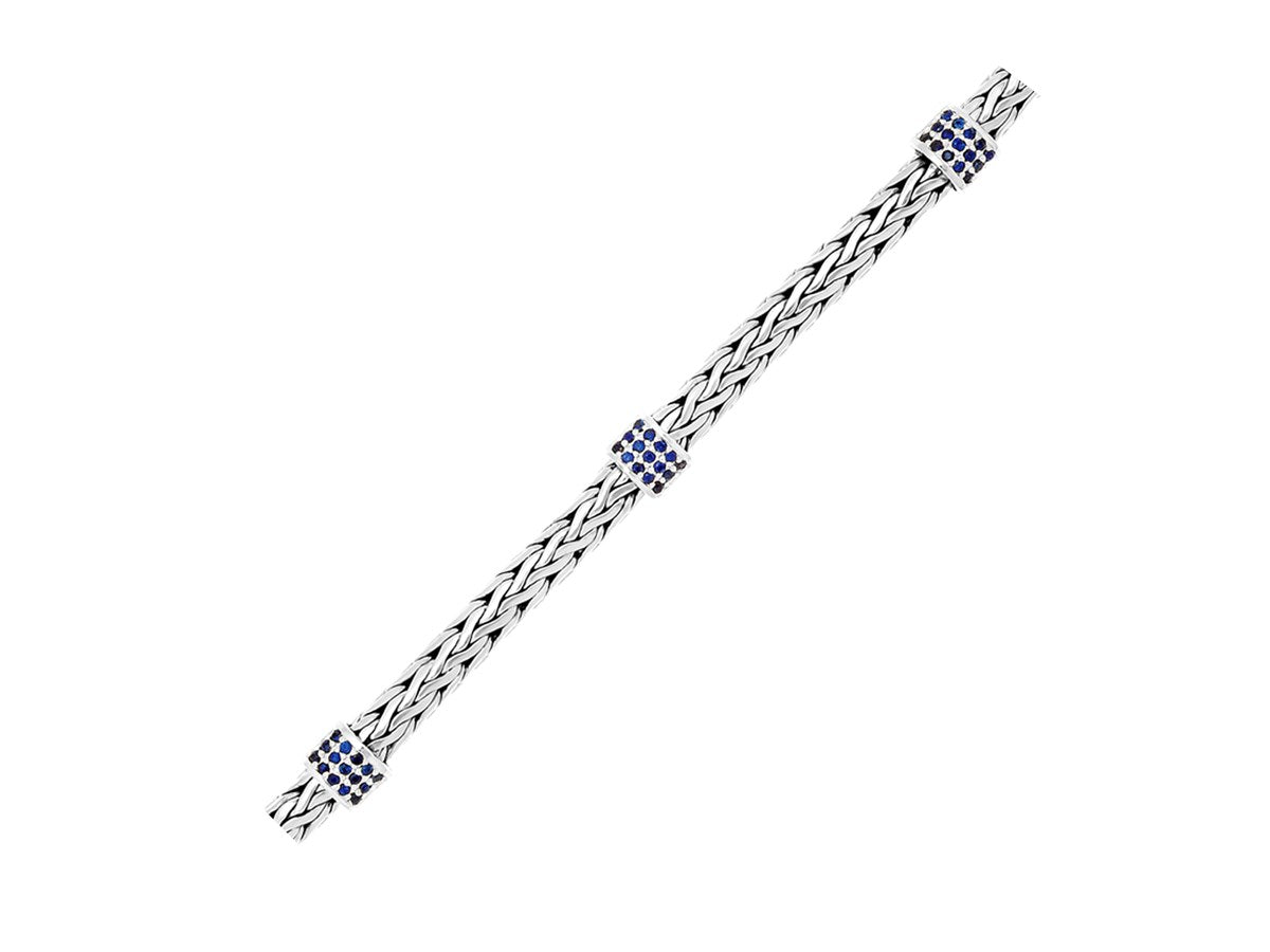 Blue Sapphire Station Weave Chain Bracelet 6.35mm in Sterling Silver