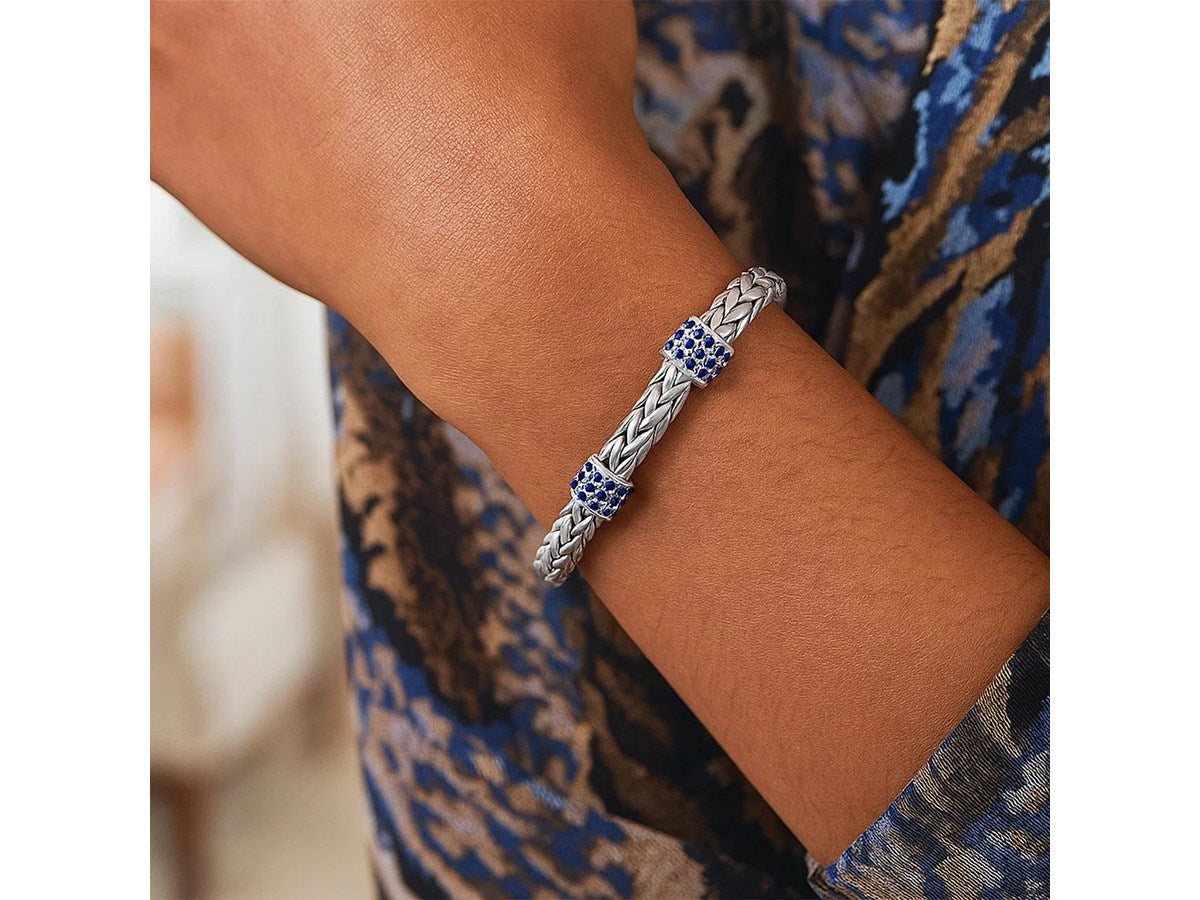 Blue Sapphire Station Weave Chain Bracelet 6.35mm in Sterling Silver