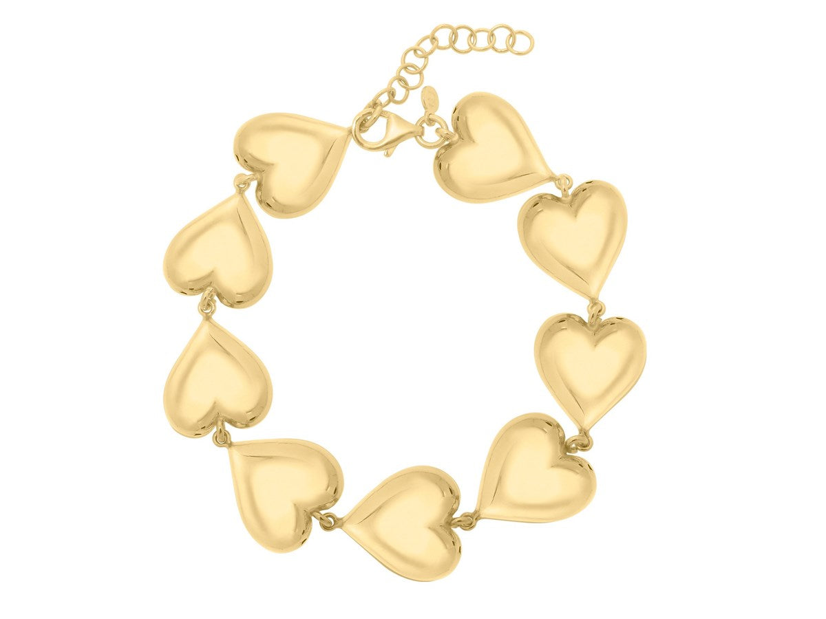 Puffed Heart Charm Bracelet in Yellow Plated Sterling Silver