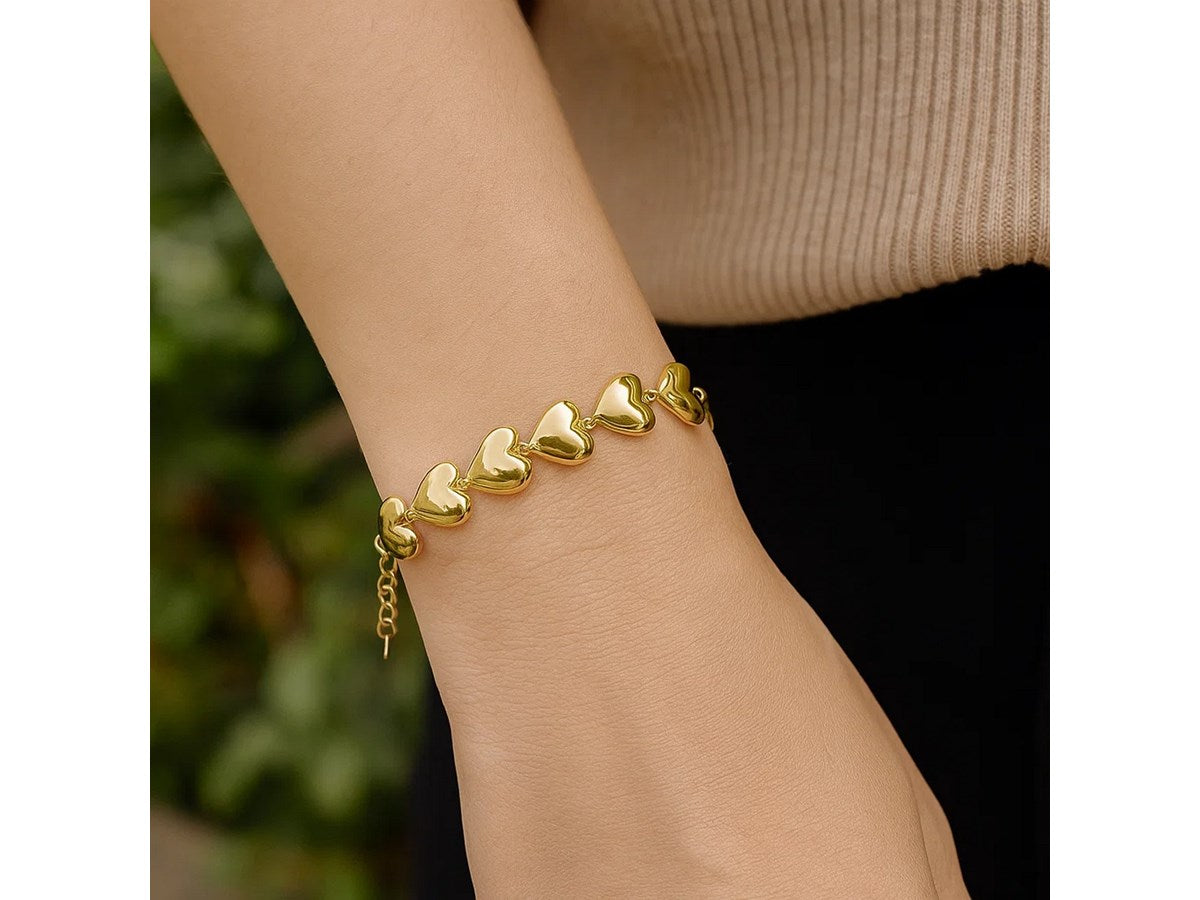 Puffed Heart Charm Bracelet in Yellow Plated Sterling Silver