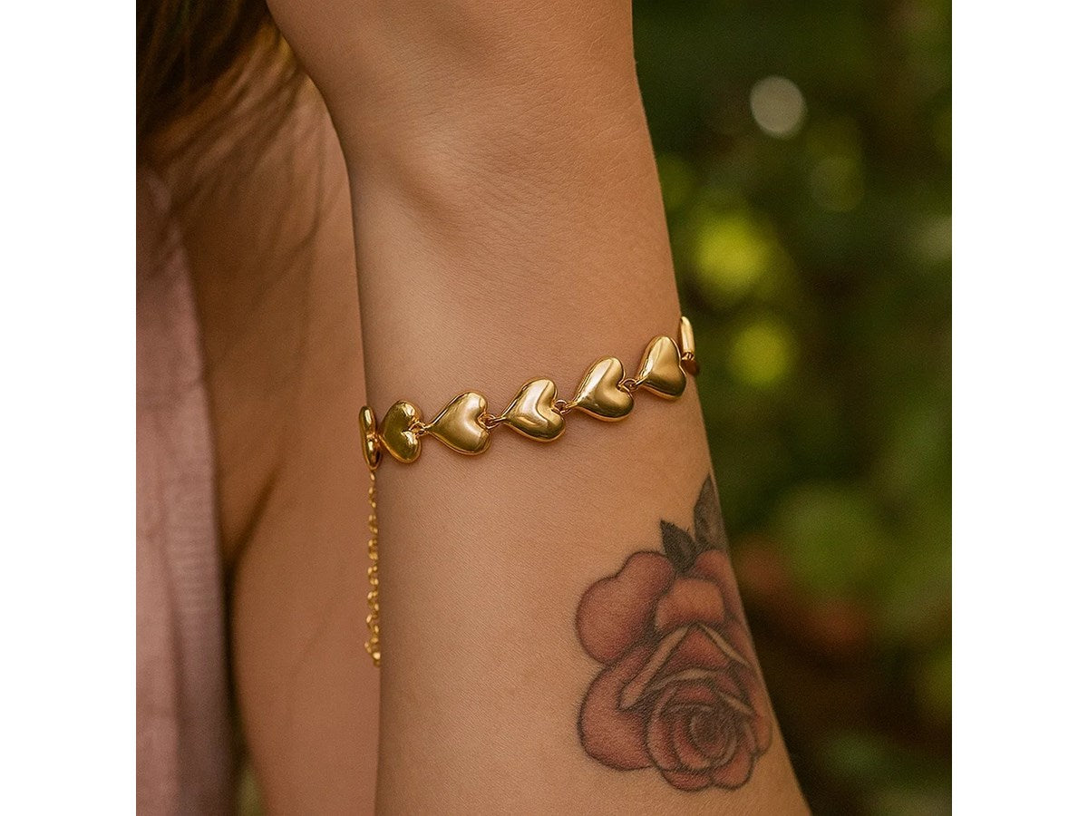 Puffed Heart Charm Bracelet in Yellow Plated Sterling Silver