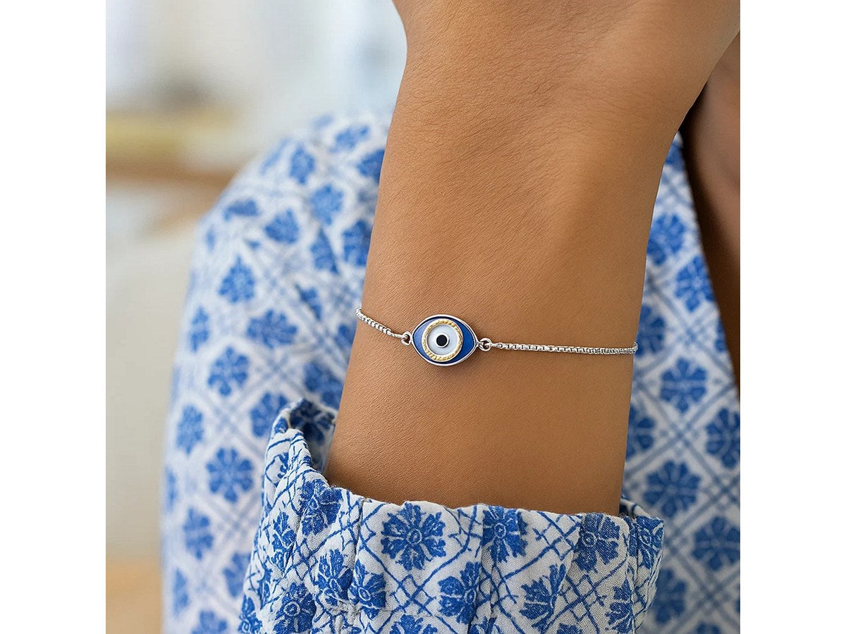 Evil Eye Adjustable Enamel Friendship Bracelet in Sterling Silver