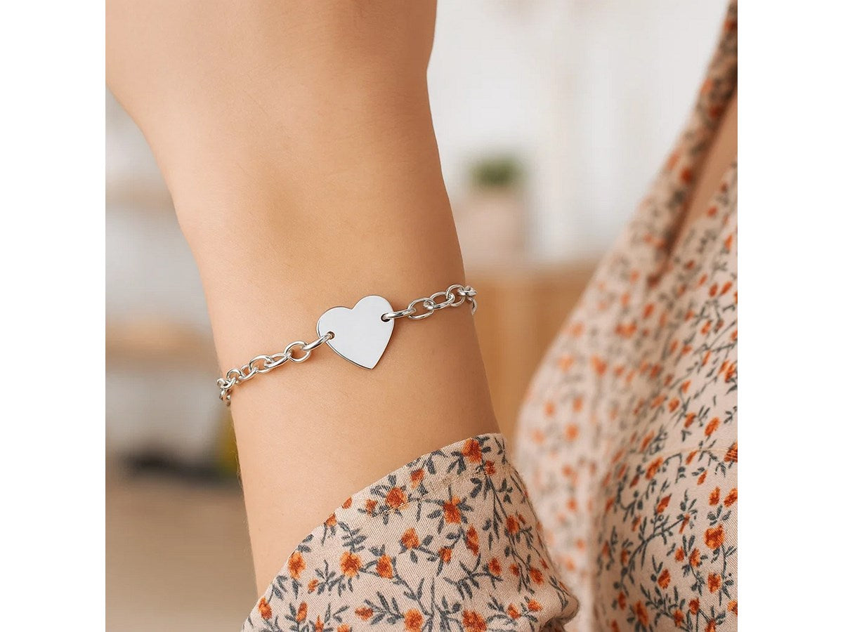 Rhodium Plated Heart Station Chain Bracelet in Sterling Silver