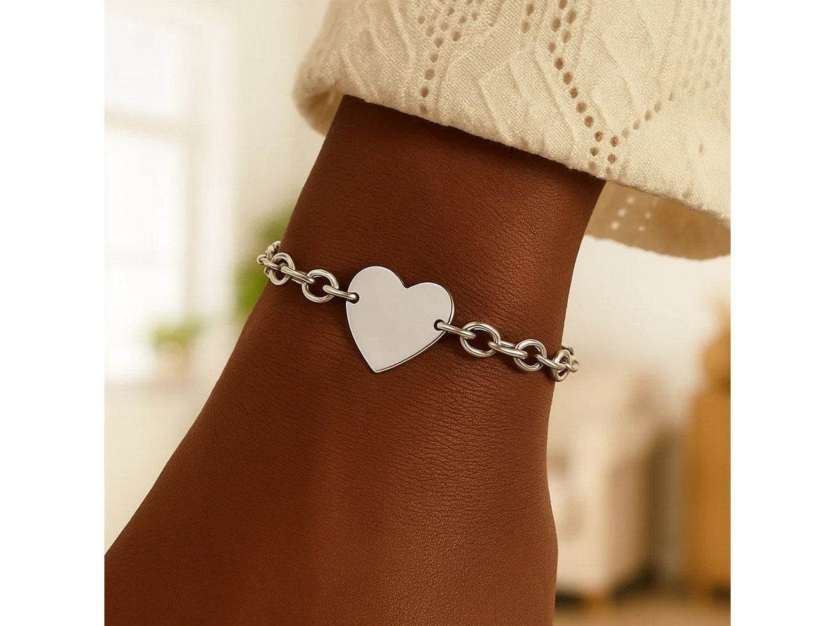 Rhodium Plated Heart Station Chain Bracelet in Sterling Silver