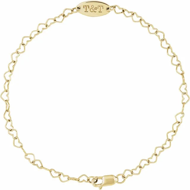 14KT Yellow Gold Heart Link Hoop Earrings Polished Lightweight Snap Back