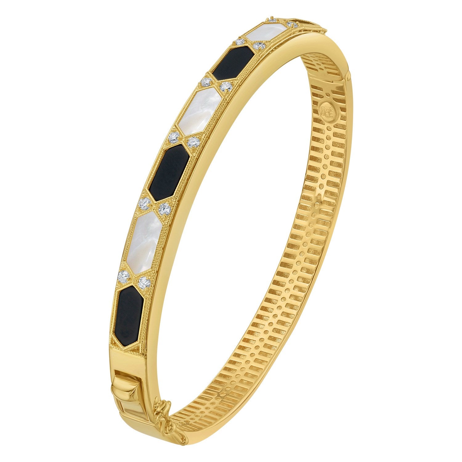 Art Deco Hexagon Diamond Bangle with Onyx & Pearl Inlay