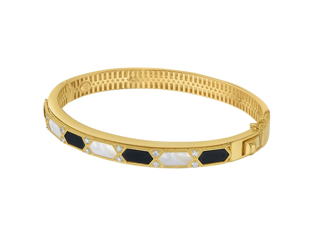 Art Deco Hexagon Diamond Bangle with Onyx & Pearl Inlay