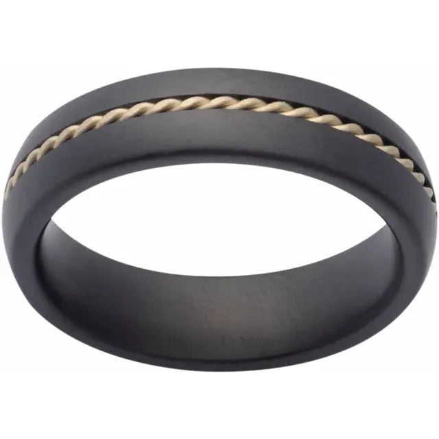 Black Ceramic Rope Inlay Comfort Fit Band 6mm Satin Finish Size 10