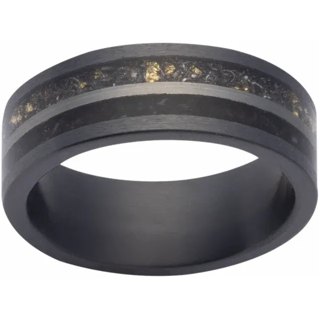 Zirconium Flat Comfort Fit Band with Megalodon & Meteorite Inlay 8mm Size 10