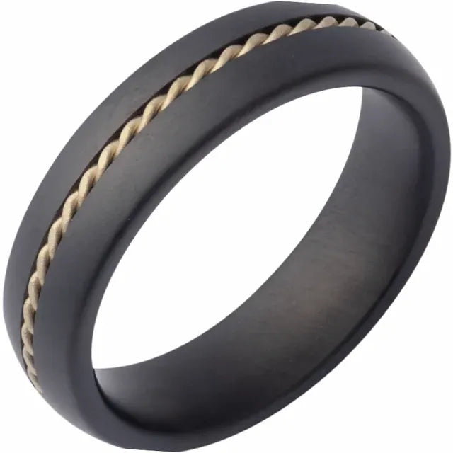 Black Ceramic Rope Inlay Comfort Fit Band 6mm Satin Finish Size 10