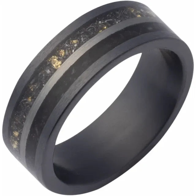 Zirconium Flat Comfort Fit Band with Megalodon & Meteorite Inlay 8mm Size 10
