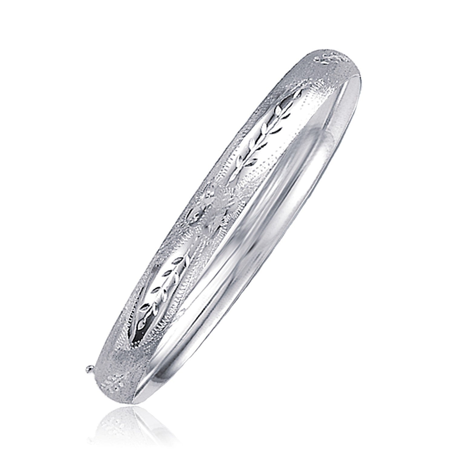 Floral Cut High Polish Bangle with Hidden Clasp