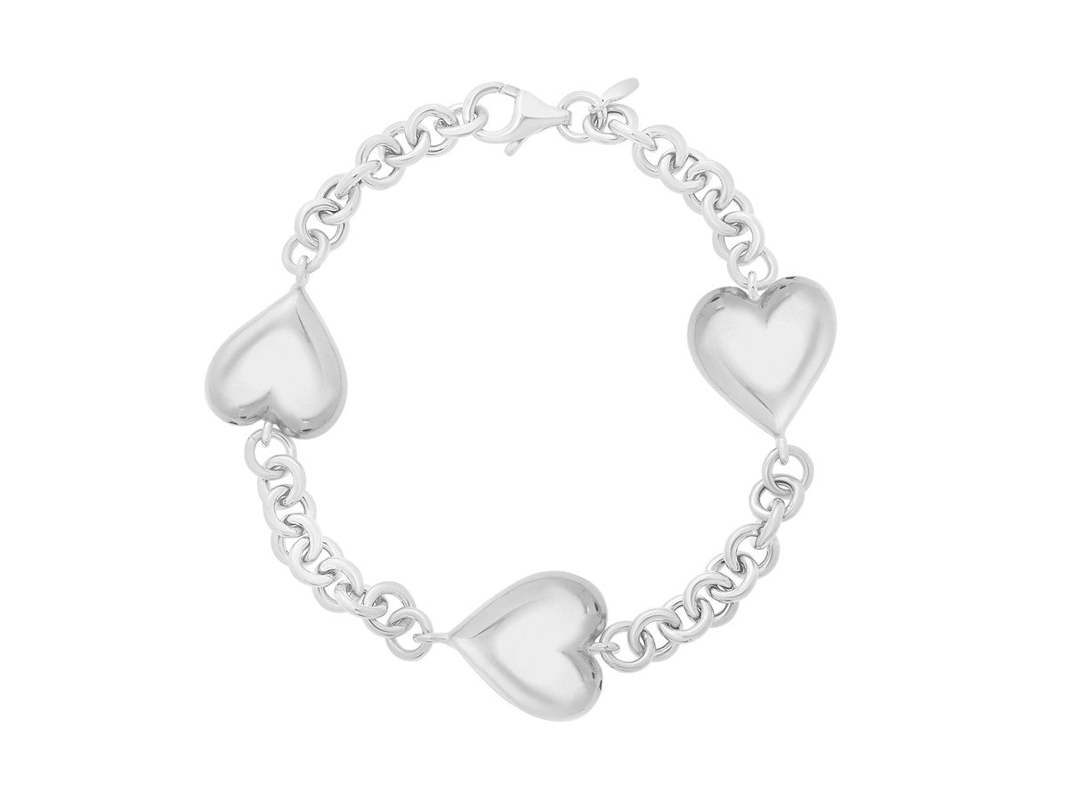 Triple Heart Puffed Bracelet in Rhodium Plated Sterling Silver