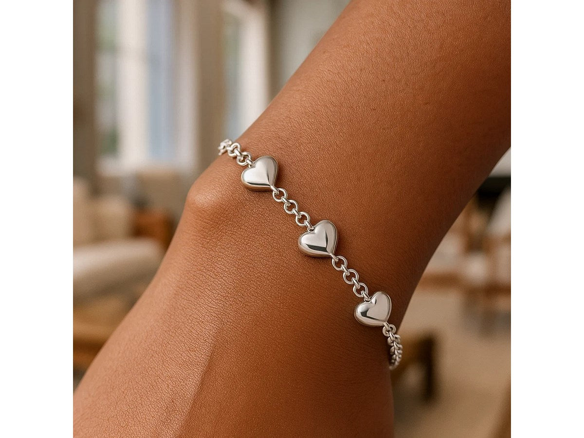 Triple Heart Puffed Bracelet in Rhodium Plated Sterling Silver