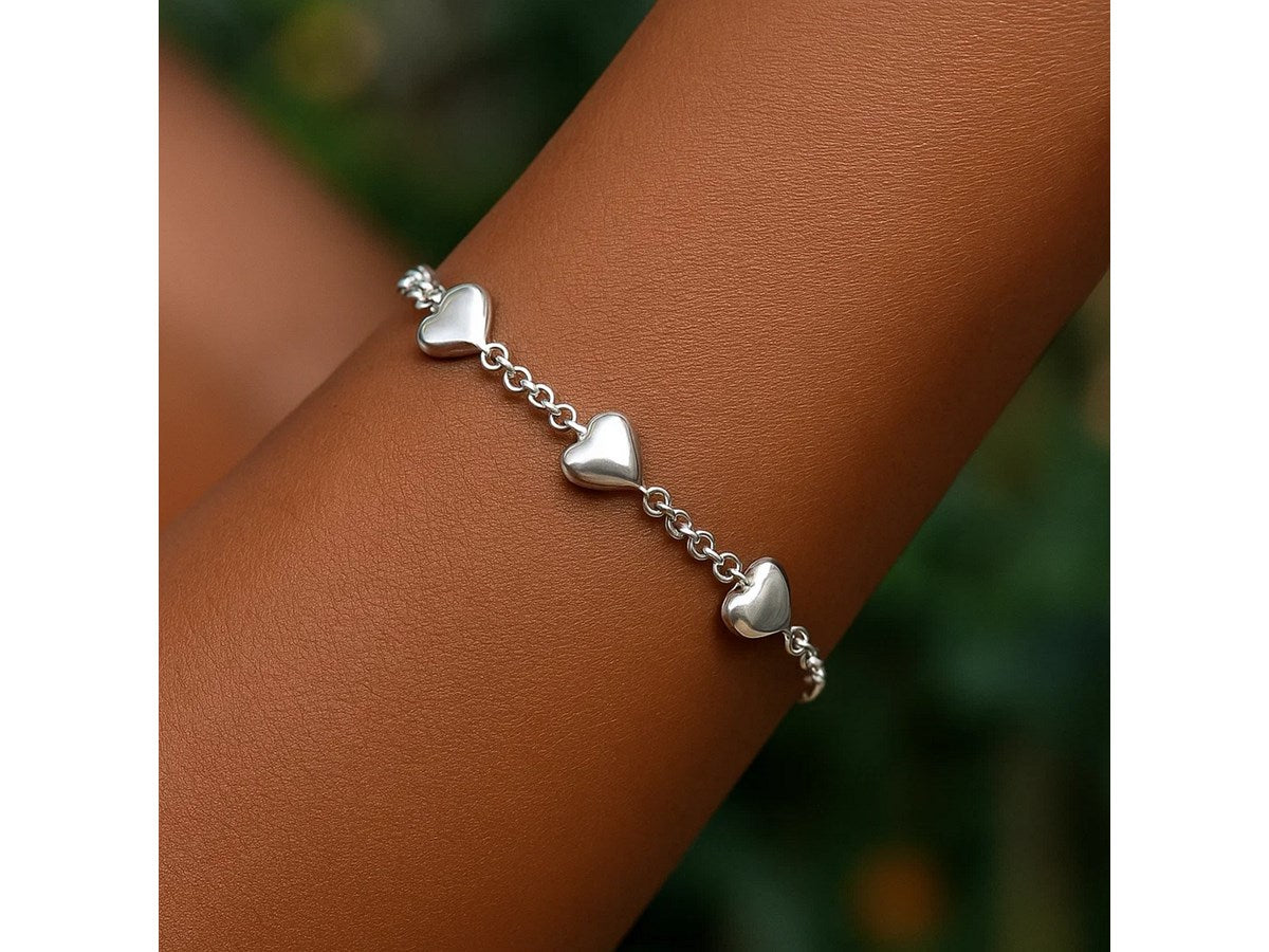 Triple Heart Puffed Bracelet in Rhodium Plated Sterling Silver