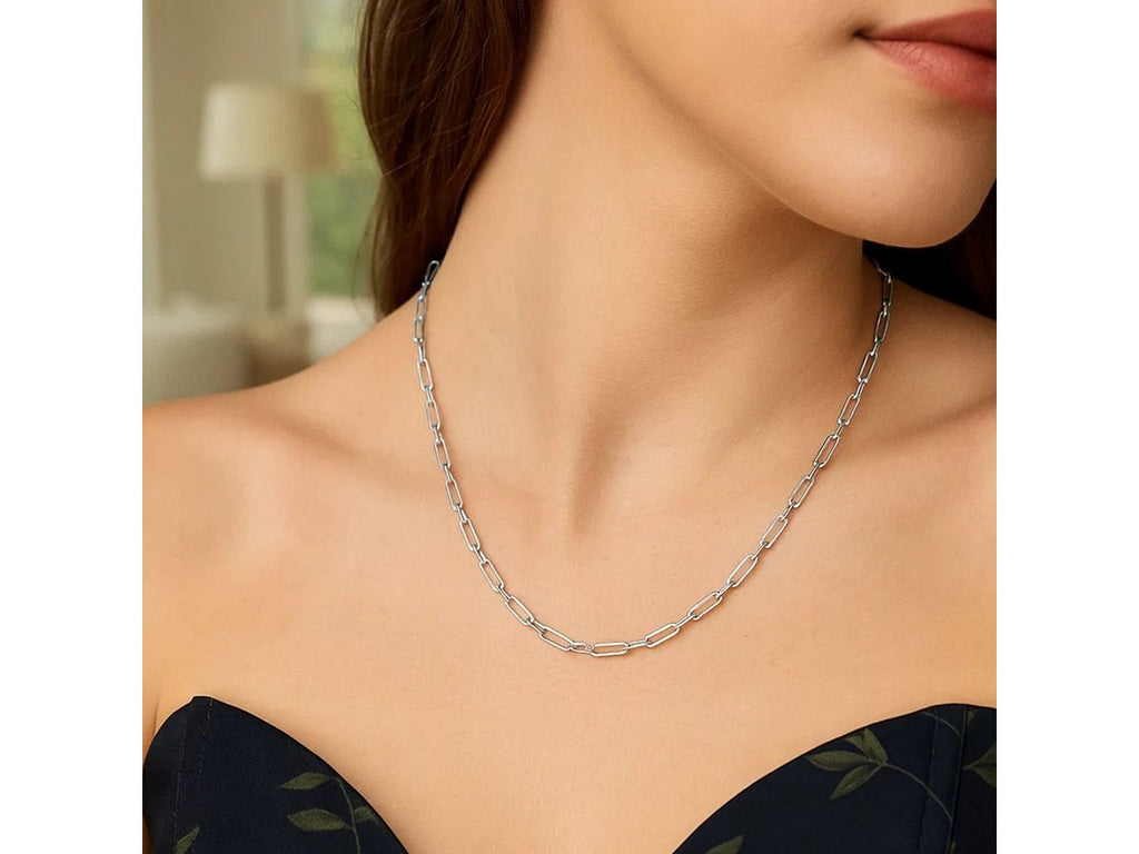 Petite Alternating Paperclip Chain Necklace 3.15mm Rhodium Sterling Silver