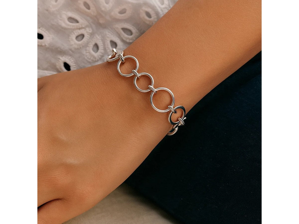 Rhodium Plated Round Link Sterling Silver Bracelet