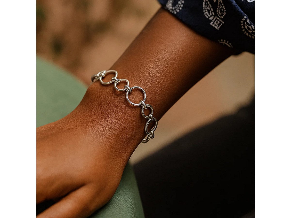Rhodium Plated Round Link Sterling Silver Bracelet