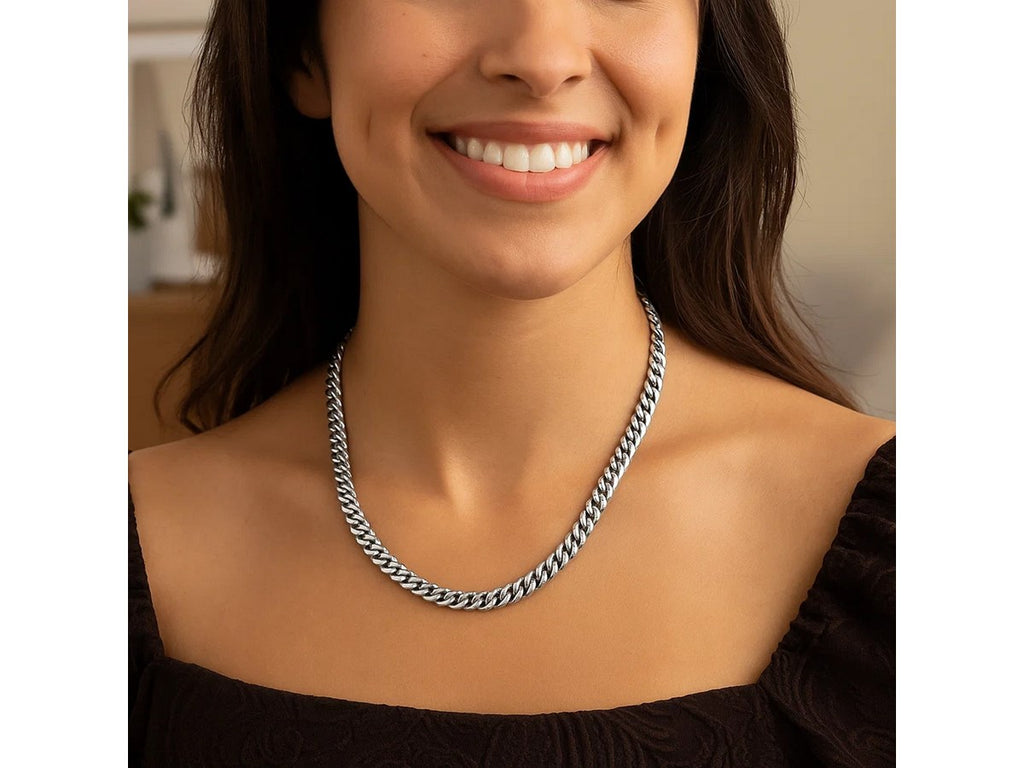 Vintage Puffed Miami Cuban Chain Necklace 6.10mm Rhodium Sterling Silver