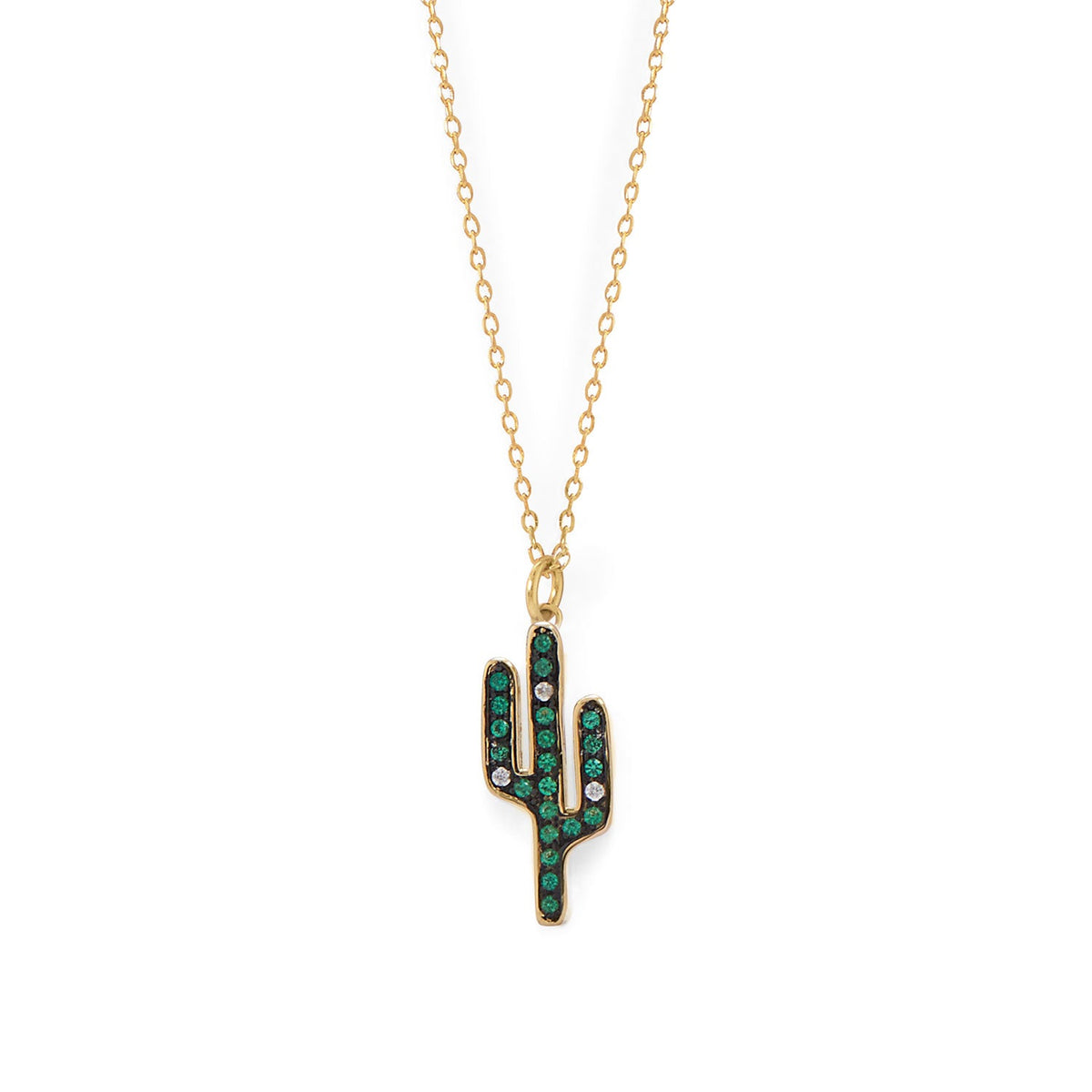 14 Karat Gold Plated CZ Saguaro Cactus Charm Necklace