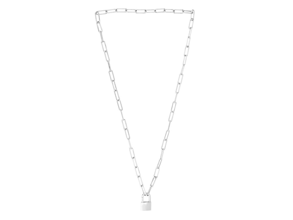 Lock Pendant Paperclip Link Silver Necklace