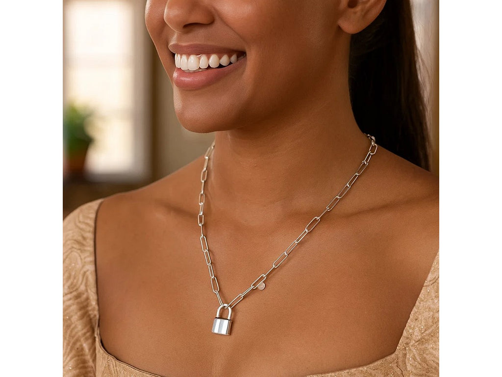 Lock Pendant Paperclip Link Silver Necklace