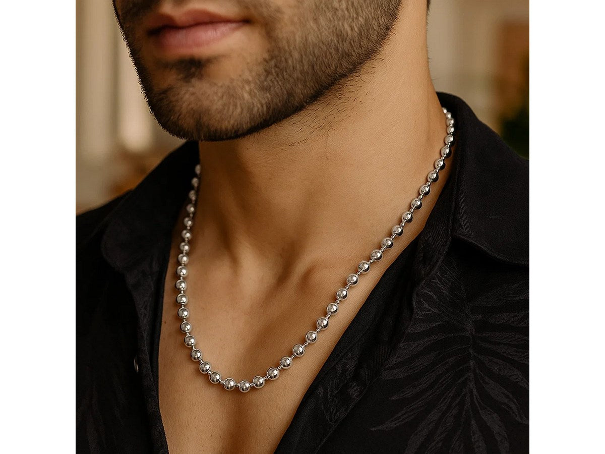 Moon Cut Bead Chain Necklace in Rhodium-Plated Sterling Silver (5.00 mm)