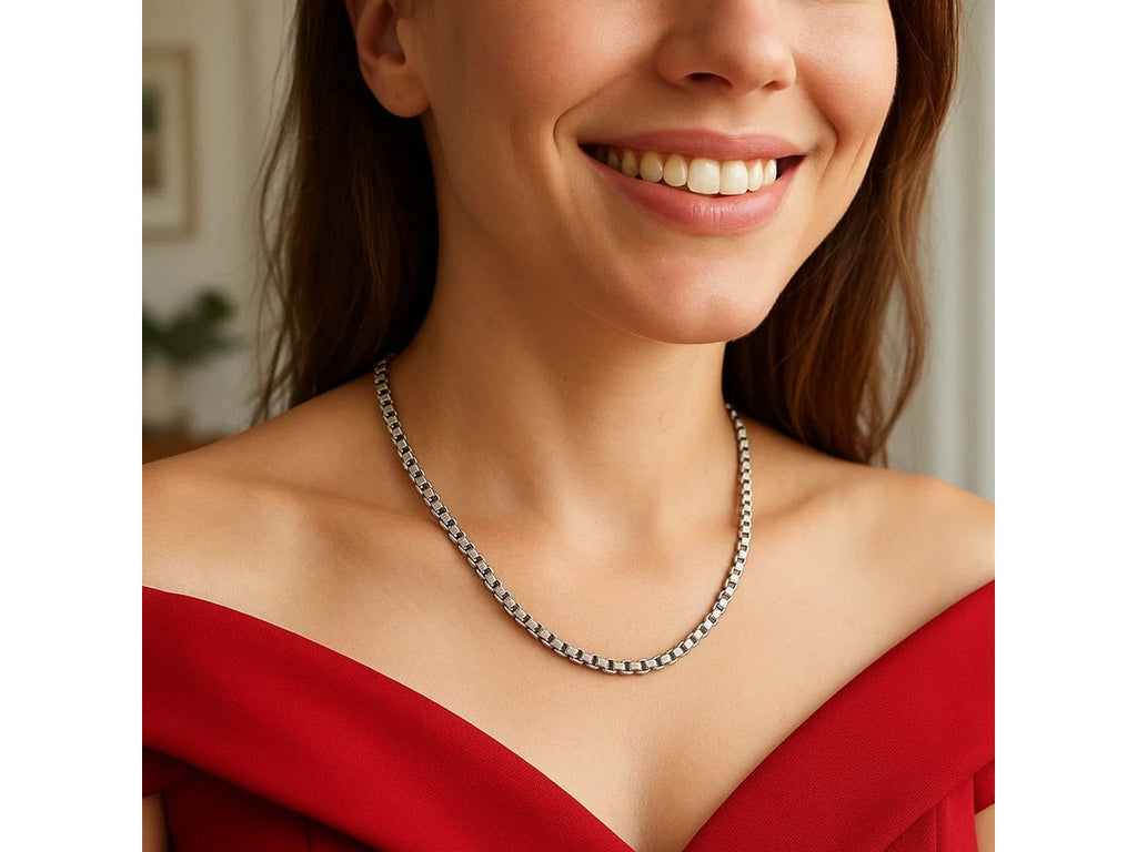 Rockstar Cut Round Box Chain Necklace in Rhodium-Plated Sterling Silver (3.90 mm)