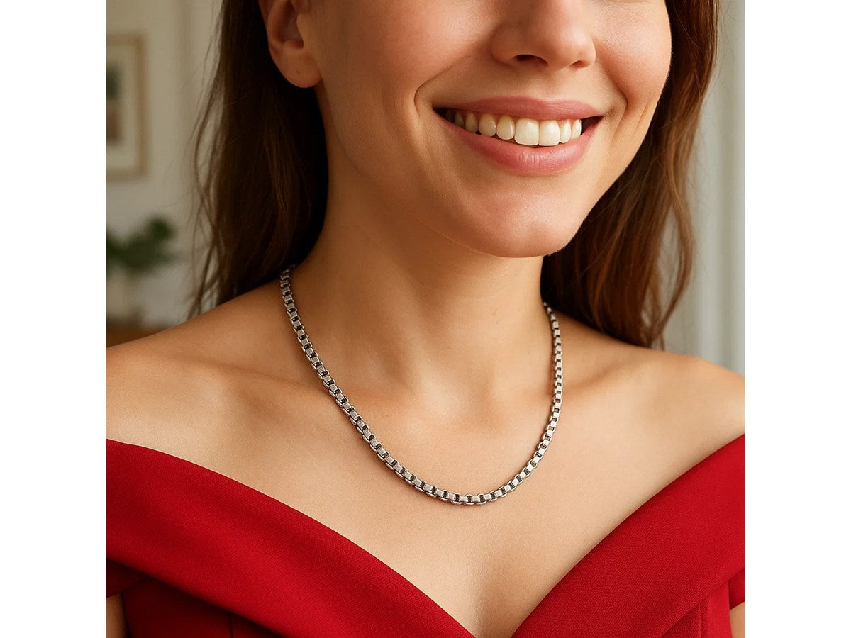 Rockstar Cut Round Box Chain Necklace in Rhodium-Plated Sterling Silver (3.90 mm)