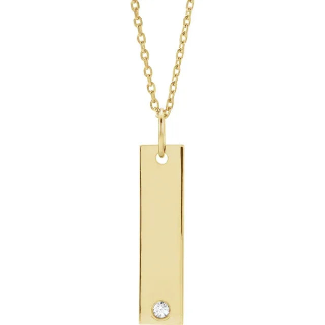 Yellow Gold .03 CT Diamond Engravable Bar Necklace Adjustable 16 to 18 Inch Pendant