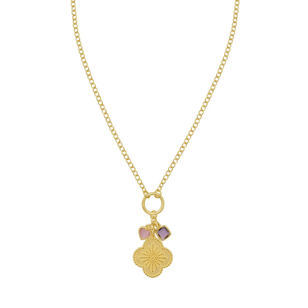 Floral CZ Charm Necklace with Polished Finish
