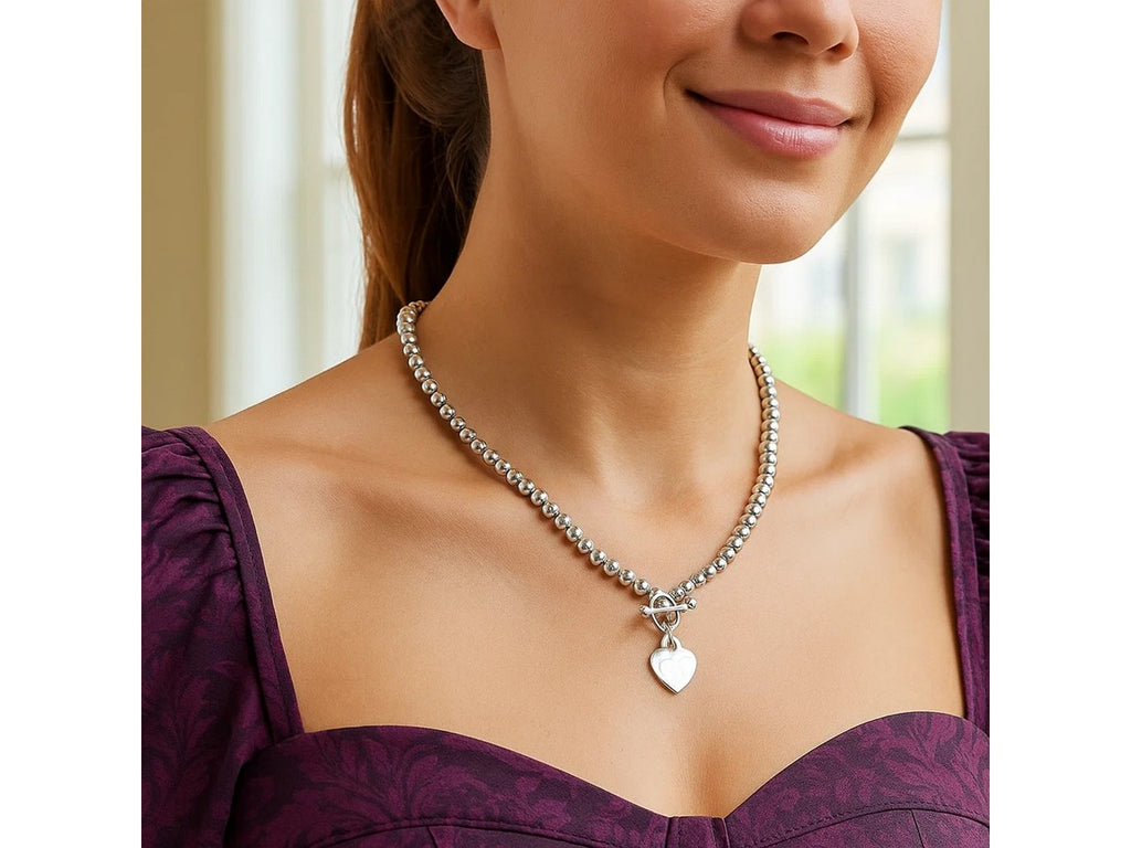 Beaded Heart Toggle Necklace with Polished Finish