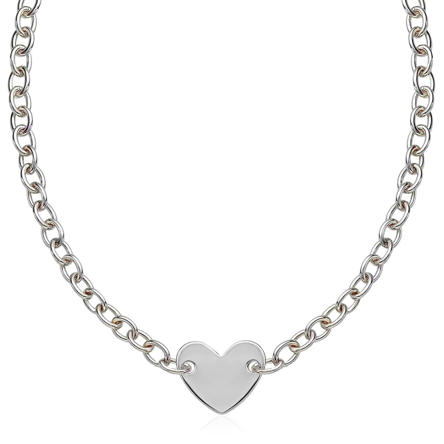 Flat Heart Station Chain Necklace Polished Finish